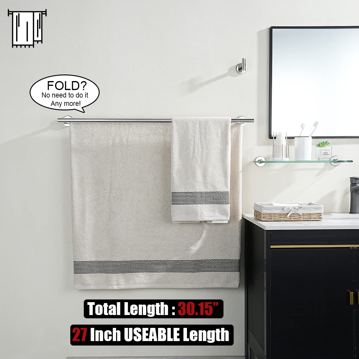 Jqk Double Bath Towel Bar, 27 Inch 304 Stainless Steel Thicken 0.8Mm Towel Rack For Bathroom, Towel Holder Polished Chrome Wall
